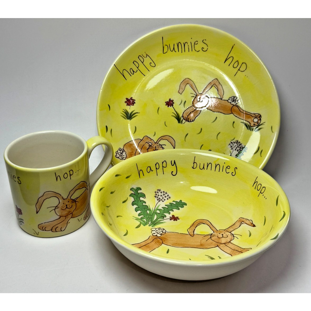 Vintage Happy Bunnies Hop Child's China Plate Mug Bowl Set Whittard of Chelsea - Picture 2 of 7